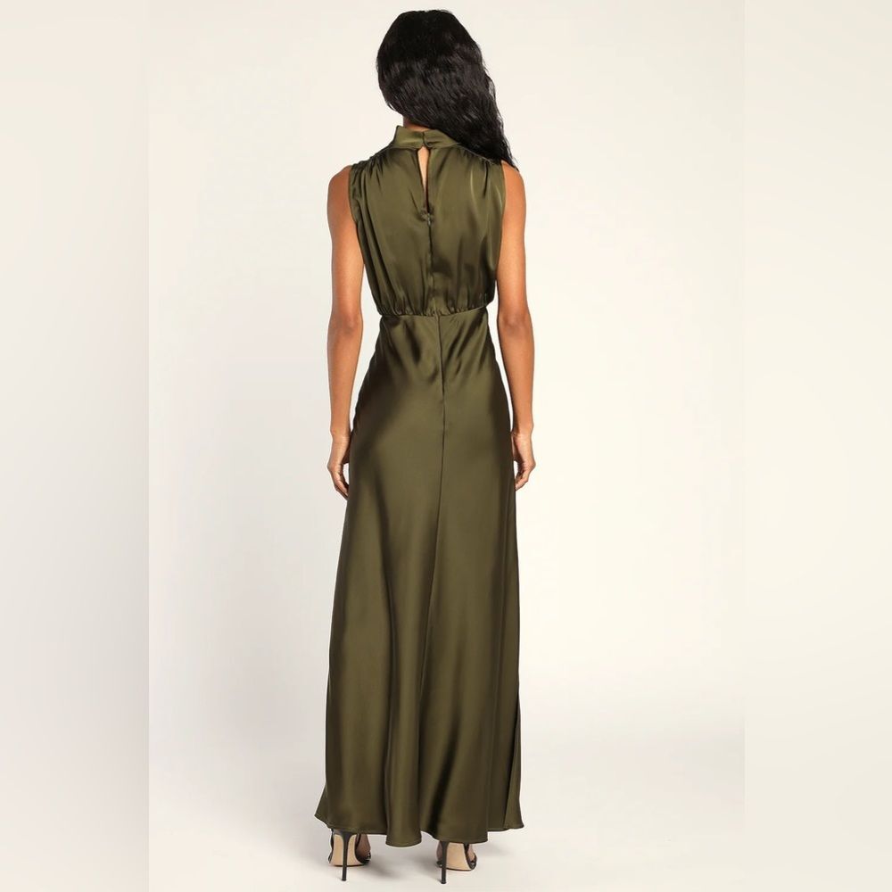 Lulus Classic Elegance Olive Satin Sleeveless Mock Neck Maxi Dress - Picture 6 of 16